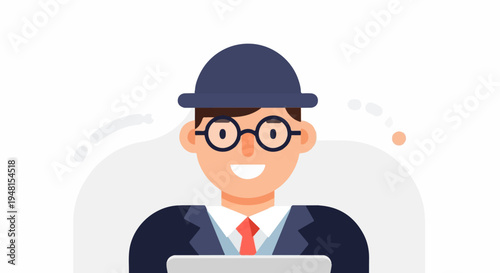 Cheerful, bespectacled man in suit and bowler hat holds a tablet