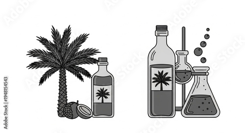 Palm oil production and chemical analysis with tree and laboratory equipment.