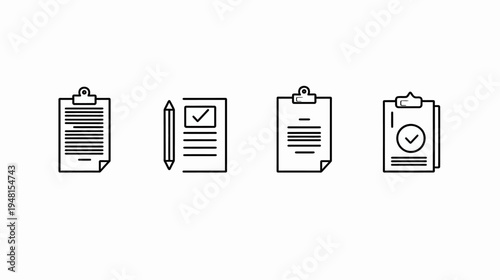 Four black and white line icons of clipboards and documents on white background