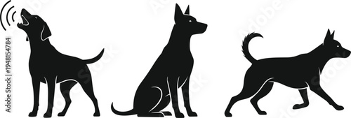 Black silhouette illustrations of dogs barking, sitting, and walking, ideal for pet, animal behavior, design, or educational themes.