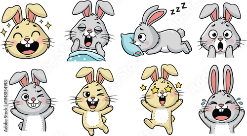 Kawaii Chibi Bunny Emoticon Set with Cute Rabbit Characters Showing Various Emotions Sleeping Laughing Crying and Surprised Vector Illustration (20 words)