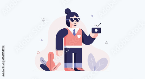 Character in virtual reality glasses holds a device showing a growing graph