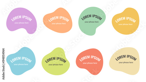 Set of colorful organic liquid blobs with placeholder text. Abstract irregular amoeba shapes for badges, social media stickers, and creative labels.