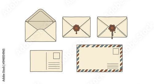Vintage Envelope and Postcard Stationery Set with Wax Seal