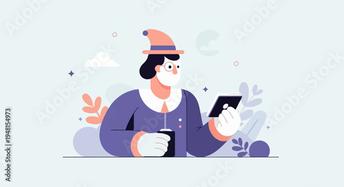 Character wearing a hat and glasses looks at their phone and drinks from a cup