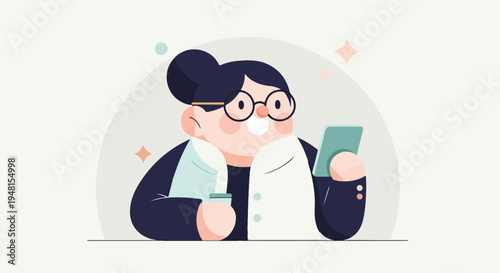 Character wearing glasses, holding a phone, and looking pleased
