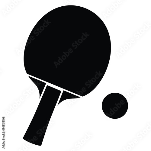 A minimalist black silhouette icon representing a ping pong paddle and a small table tennis ball