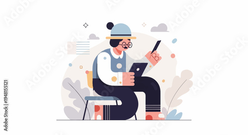 Character with hat and glasses using tablet and stylus