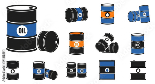 Collection of Oil Barrels - Industrial Energy and Resource Vectors.