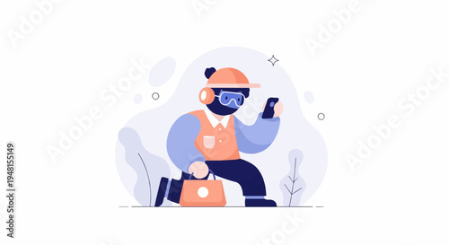 Character with headphones and bag checking phone amid abstract shapes and plants