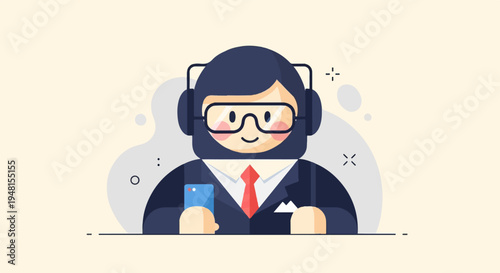 Character with headphones and glasses holding smartphone