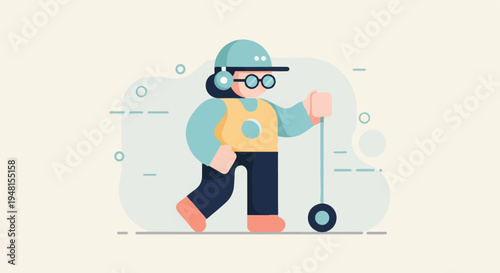 Character with headphones and glasses riding a scooter on a light background