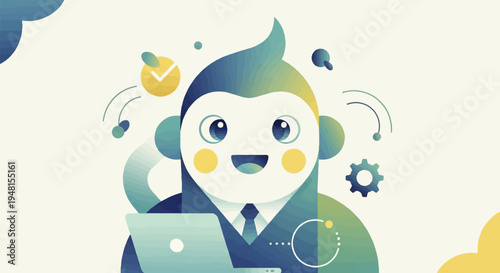 Cartoon robot character with laptop and abstract shapes, time, and gears