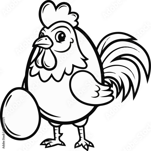 Cartoon rooster holding a large oval egg, standing on its legs