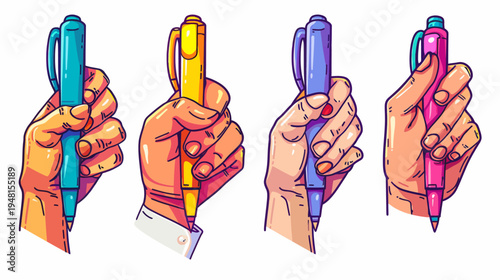 Digitally created illustration of four hands holding colorful pens, with crisp lines and vivid colors