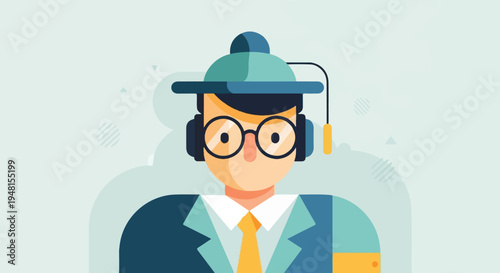 Cartoon scholar wearing graduation cap, glasses, and suit with headphones
