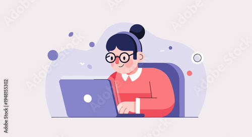 Cartoon woman in glasses with hair bun wearing headphones and pink shirt works on laptop