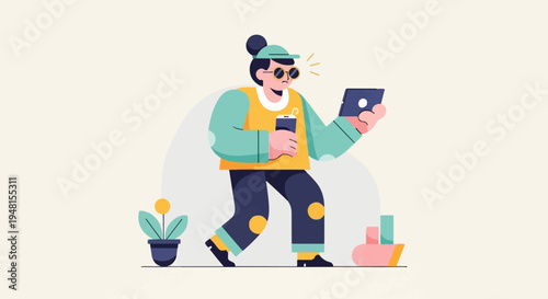 Character with tablet and drink, in a modern flat style