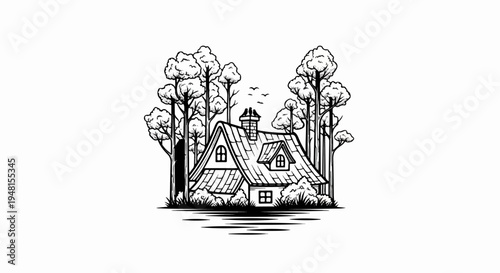 Charming cottage nestled amongst tall trees, with a rustic chimney and visible windows