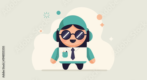 Cheerful animated character wearing headphones, glasses, and tie