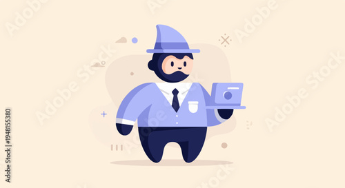 Cartoonish character in a blue suit and hat holding a laptop, with abstract shapes