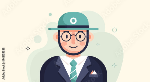 Cheerful animated man wearing a hat, glasses, suit, and tie