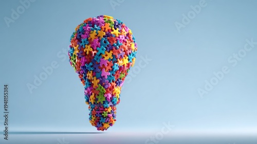 Illumination concept formed from numerous colorful interlocking puzzle pieces stands against a pale blue backdrop