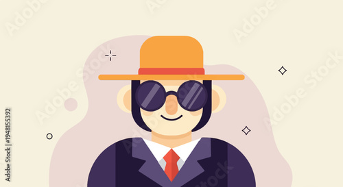 Cartoonish figure in a suit, hat, and sunglasses, with abstract background elements