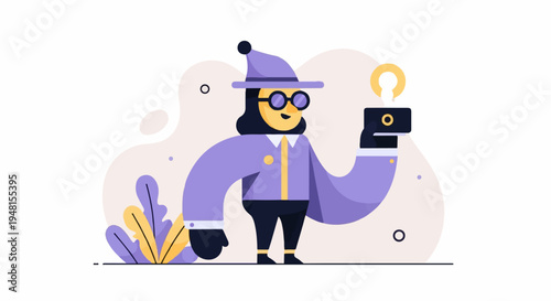 Cartoonish figure in a pointed hat and glasses holding a glowing light bulb