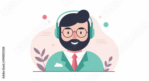 Cheerful, bearded man with headphones, glasses, and a tie