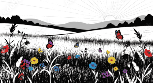 Vibrant spring meadow with colorful blooms and butterflies in sunny landscape
