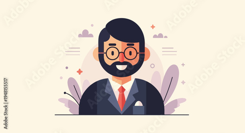 Cheerful bearded man with glasses in a suit, smiling with abstract background