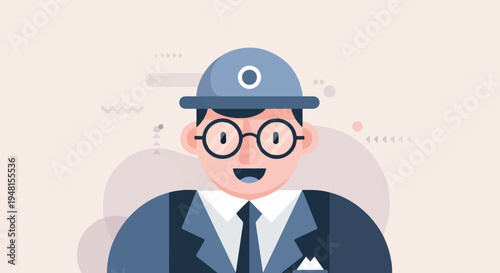 Cheerful, bespectacled character in a suit and hat with abstract background