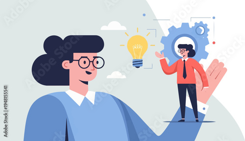 Cartoonists conceptualize idea with bulb, gears, and hands