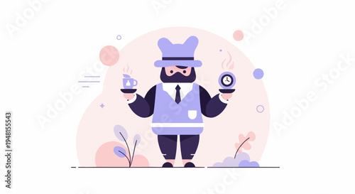 Character balancing coffee and clock, surrounded by abstract shapes
