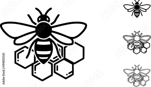 Bee on honeycomb icon set. Flying bee route. Honeybee animal in flat style. Flow honey with bumblebee. Natural food. Vector illustration.
