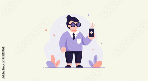 Character in formal wear holding a steaming cup and looking at phone