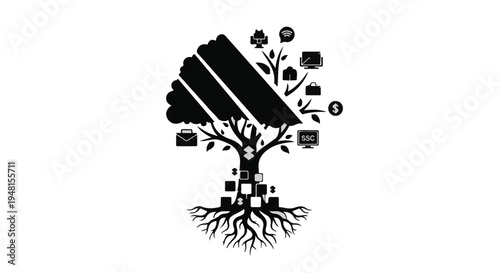solar panel tree with roots and icons