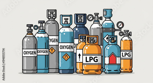 Various Gas Cylinders - Oxygen and LPG Tanks for Industrial and Medical Use.