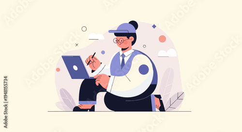 Cartoon person wearing glasses and cap, working on laptop with stylus