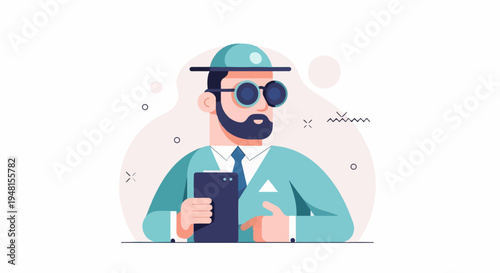 Cartoon man with beard, hat, glasses, and phone
