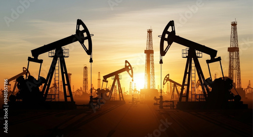Oil Derricks at Sunset - A Silhouette of Energy Production.