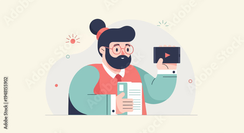 Cartoon man with glasses and beard holding phone and papers