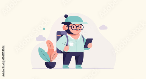 Cartoon person with backpack and phone, near plants and clouds
