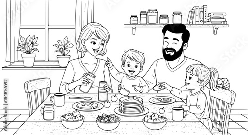Happy family enjoying breakfast together in a cozy kitchen setting
