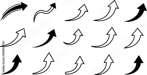Arrow up icons. Set of curve rise increase arrows. Growth pictogram isolated. Vector illustration.
