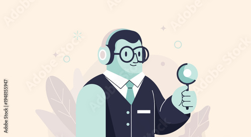 Cartoon person with glasses and headphones holds magnifying glass, light background