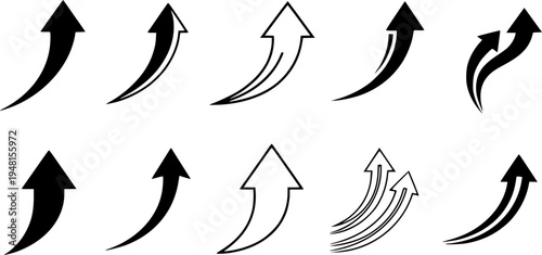 Arrow up icons. Set of curve rise increase arrows. Growth pictogram isolated. Vector illustration.

