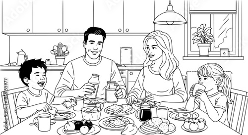 Happy family enjoying breakfast together in a cozy kitchen setting
