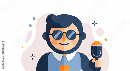 Cartoon man with glasses and microphone holding a drink